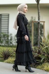 Modalamelif Terikoton Fırfırlı Yarım Düğmeli Elbise Siyah