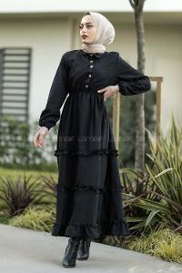 Modalamelif Terikoton Fırfırlı Yarım Düğmeli Elbise Siyah