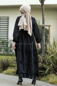 Modalamelif Terikoton Fırfırlı Yarım Düğmeli Elbise Siyah