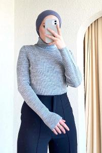 Modalamelif Balıkçı Yaka Fitilli Kazak Gri