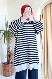 Modalamelif Çizgi Şeritli Salaş Triko Tunik Kum Beji