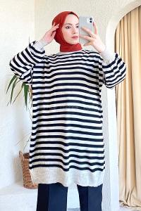 Modalamelif Çizgi Şeritli Salaş Triko Tunik Kum Beji