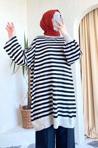 Modalamelif Çizgi Şeritli Salaş Triko Tunik Kum Beji