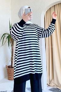Modalamelif Çizgi Şeritli Salaş Triko Tunik Siyah