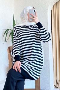 Modalamelif Çizgi Şeritli Salaş Triko Tunik Siyah