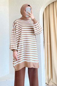 Modalamelif Çizgi Şeritli Salaş Triko Tunik Sütlükahve