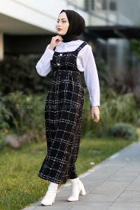 Modalamelif Ekose Desenli Düğme Detaylı Jile  Siyah