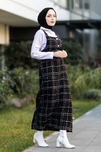 Modalamelif Ekose Desenli Düğme Detaylı Jile  Siyah