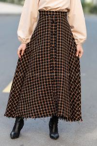 Modalamelif Önü Düğme Detaylı Püsküllü Etek Siyah-Kahve