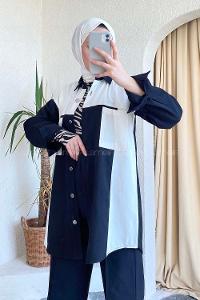 Modalamelif Önü Metal Boydan Düğmeli Garnili Gömlek Siyah