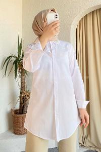 Modalamelif Yaka Taş Detaylı Oversize Gömlek Beyaz