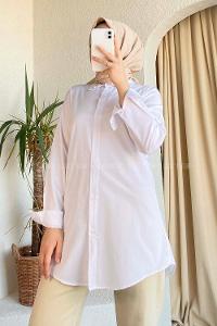 Modalamelif Yaka Taş Detaylı Oversize Gömlek Beyaz