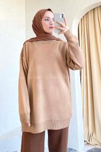 Modalamelif Zincir Kolyeli Triko Tunik Camel