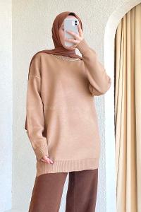 Modalamelif Zincir Kolyeli Triko Tunik Camel