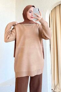 Modalamelif Zincir Kolyeli Triko Tunik Camel