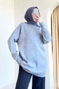 Modalamelif Zincir Kolyeli Triko Tunik Gri