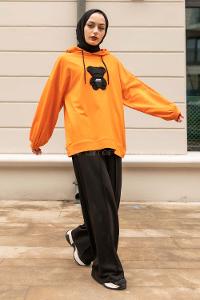 f Bear İşlemeli Salaş Kapüşonlu Takım Turuncu