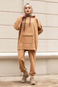 Modalamelif Cep Çıtçıtlı Kapüşonlu Takım Sütlükahve