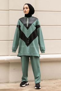 Modalamelif Yarım Fermuarlı Deri Garnili İkili Takım Çağla Yeşili