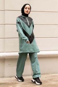 Modalamelif Yarım Fermuarlı Deri Garnili İkili Takım Çağla Yeşili