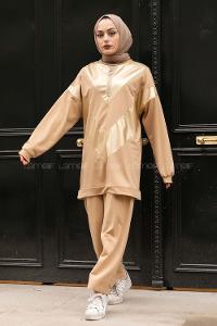 Modalamelif Yarım Fermuarlı Deri Garnili İkili Takım Sütlükahve