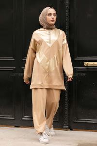 Modalamelif Yarım Fermuarlı Deri Garnili İkili Takım Sütlükahve