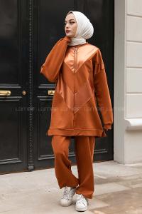 Modalamelif Yarım Fermuarlı Deri Garnili İkili Takım Taba