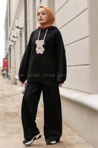 Modalamelif Bear İşlemeli Salaş Kapüşonlu Takım Siyah