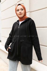 Modalamelif Beli Lastikli Kapüşonlu Hırka Siyah