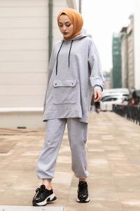 Modalamelif Cep Çıtçıtlı Kapüşonlu Takım Gri