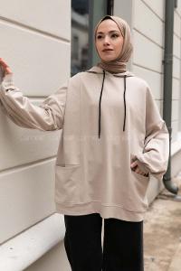 Modalamelif Kapüşonlu Salaş Çift Cepli Sweat Bej