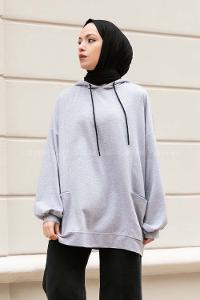 Modalamelif Kapüşonlu Salaş Çift Cepli Sweat Gri