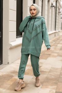 Modalamelif Pis Dikişli Kapüşonlu İkili Takım Çağla Yeşili
