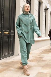 Modalamelif Pis Dikişli Kapüşonlu İkili Takım Çağla Yeşili