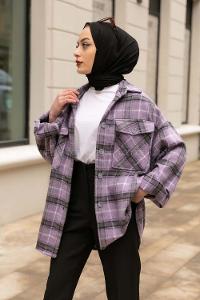 Modalamelif Çift Kapak Cepli Ekoseli Gömlek Mor