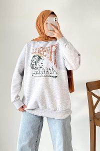 Modalamelif Bisiklet Yaka Yazı Baskılı Sweat Gri