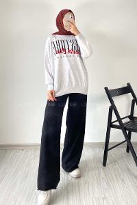 Modalamelif Bisiklet Yaka Yazı Baskılı Sweat Gri