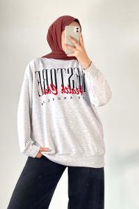 Modalamelif Bisiklet Yaka Yazı Baskılı Sweat Gri