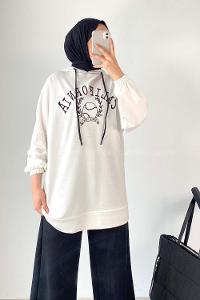 Modalamelif California Nakışlı Kapüşonlu Sweat Beyaz