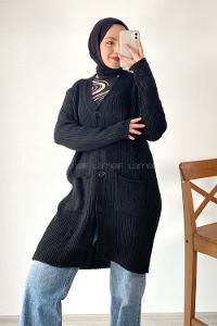 Modalamelif Düğme Detaylı Çift Cepli Triko Hırka Siyah