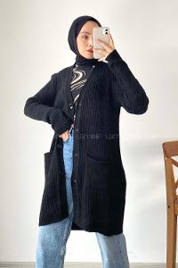 Modalamelif Düğme Detaylı Çift Cepli Triko Hırka Siyah