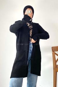 Modalamelif Düğme Detaylı Çift Cepli Triko Hırka Siyah