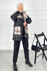 Modalamelif Ekose ve Deri Garnili Kapüşon Detaylı Ceket Taş-Pudra