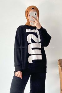 Modalamelif Just Yazı Baskılı Sweat Siyah