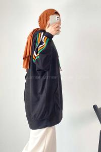 Modalamelif Kolları 3 Renk Garnili Biyeli Kapüşonlu Sweat Siyah