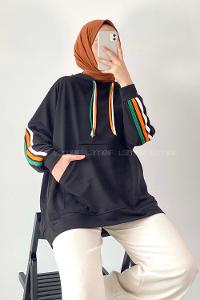 Modalamelif Kolları 3 Renk Garnili Biyeli Kapüşonlu Sweat Siyah