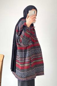 Modalamelif Oduncu Etnik Desen Gömlek Gri-Kırmızı