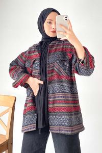 Modalamelif Oduncu Etnik Desen Gömlek Gri-Kırmızı