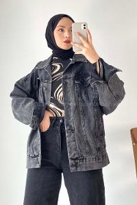 Modalamelif Önü Düğmeli Çift Cepli Sırt Baskılı Kot Ceket Füme