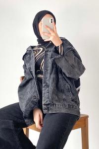 Modalamelif Önü Düğmeli Çift Cepli Sırt Baskılı Kot Ceket Füme